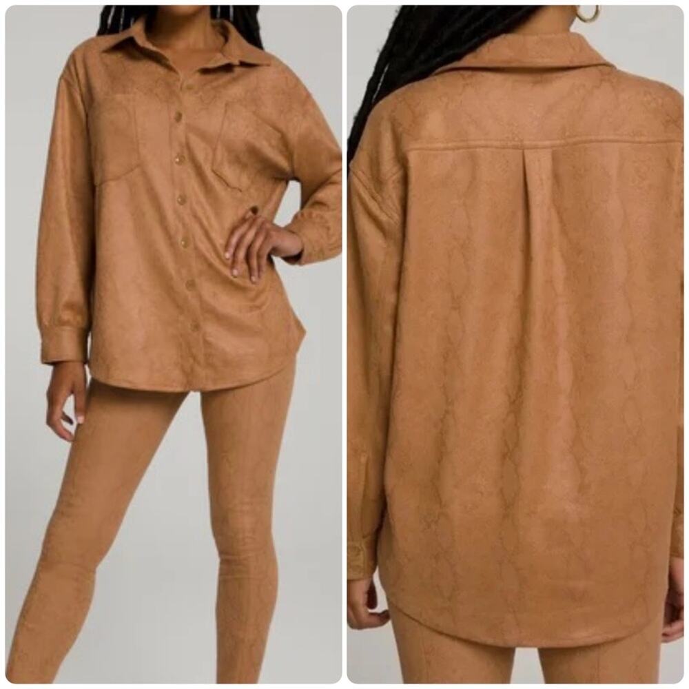 Good American Good Body Suede Snake Print Shirt Jacket Shacket Cognac Snake